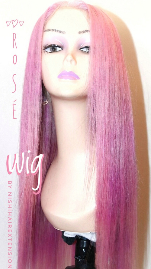 26” 4*4 Transparent Lace Closure Wig Pink Pastel 180% Density Silky Straight